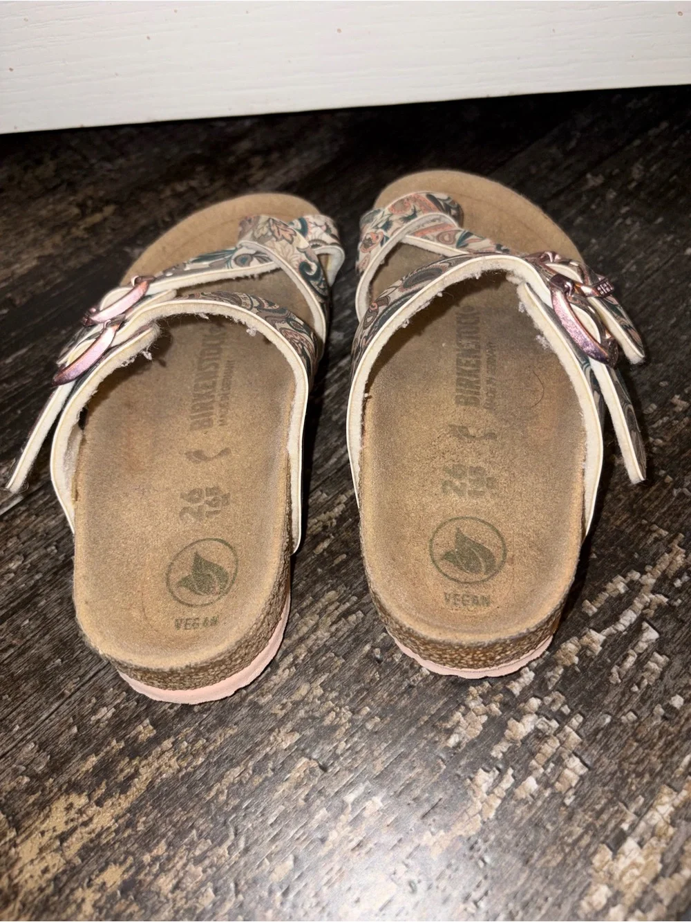 Birkenstocks Paisley Patterned Two-Strap Sandals in Cream, Teal & Peach sz 10.5